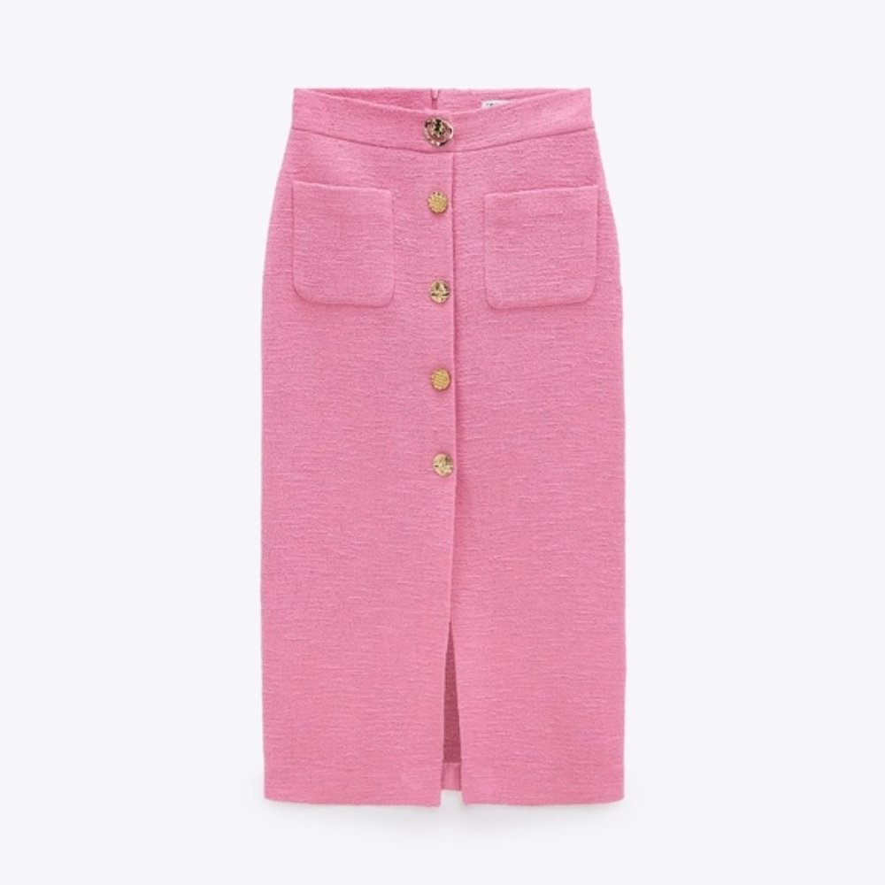 Zara Pink Textured Skirt with Buttons